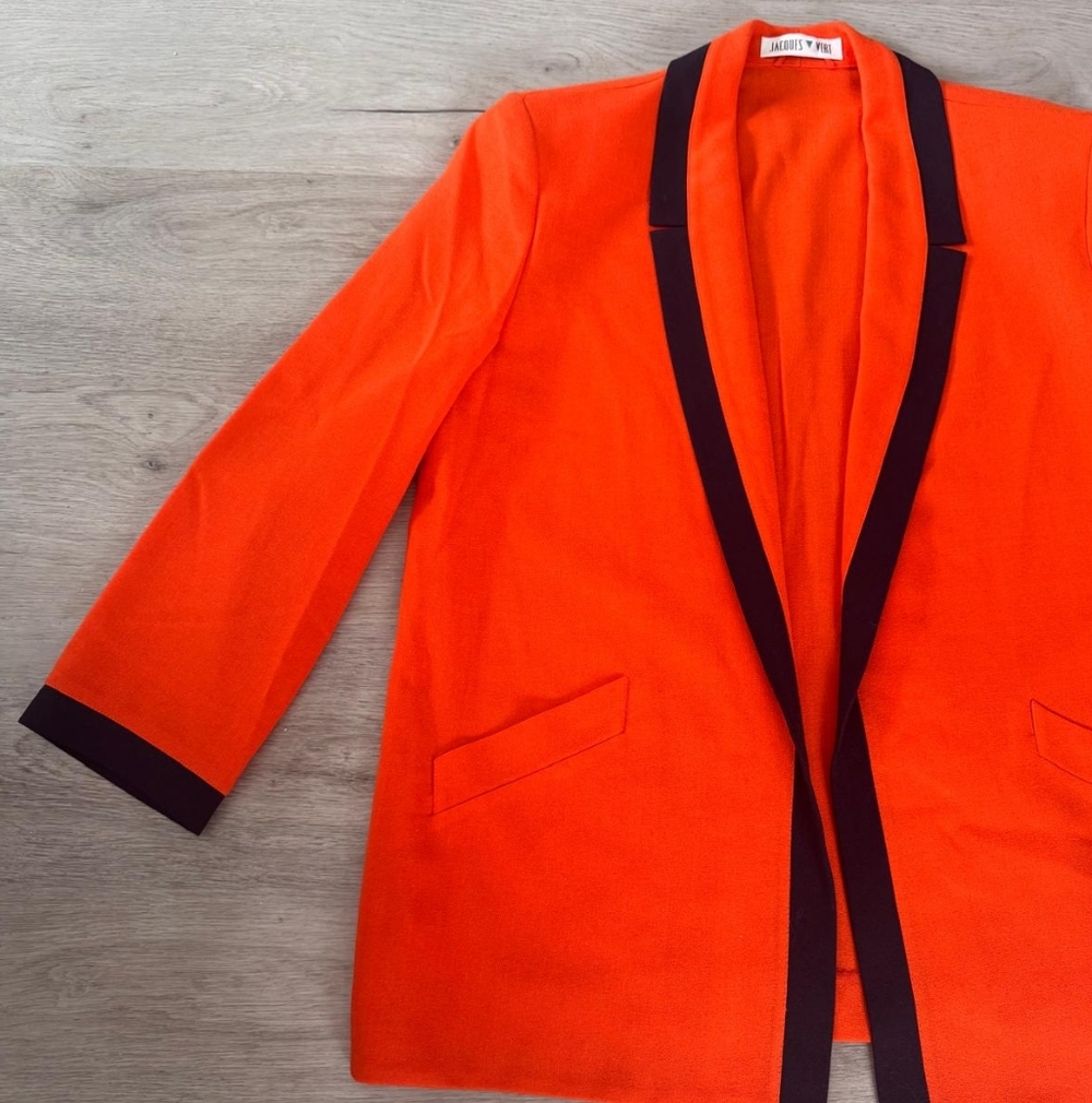 Vintage Jacque Vert Open Front Wool Blend Vibrant Orange Women's Blazer Size 10 - Picture 4 of 8